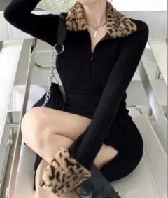 レオパード柄襟のブラックニット