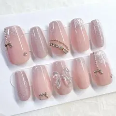 【現品】 ピンク ラメグラ フレンチガーリー コフィン ネイルチップ 即購入OK