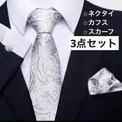 ネクタイ 3点セット チーフ カフスボタン 結婚式 披露宴 シルバー メンズ