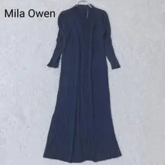ミラオーウェン　ロングカーディガン　ネイビー　リブ　綿混　上品　美シルエット