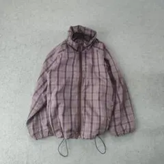 チェック 中綿ジャケット ピンクブラウン系 M〜L フード収納