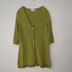 美品 ホコモモラ Vネック 7分袖 カーディガン 花柄刺繍 ライムグリーン 40