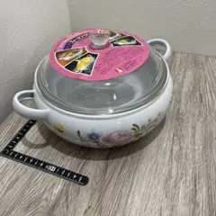未使用　ホーロー鍋　両手鍋　耐熱ガラス蓋　昭和レトロ　24cm鍋　花柄　お玉付き