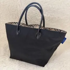 バーバリーブルーレーベル トートバッグ ノバチェック 舟形 ナイロン レザー 黒