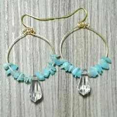 天然石とクリスタルのゴールドフープピアス※イヤリング