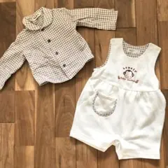 おさるさんのロンパース チェックの長袖シャツ セットアップ 80 男の子 女の子