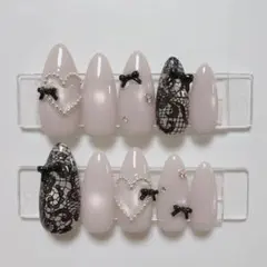 【現品】ネイルチップ 韓国風 マグネット シンプル レース リボン ハート