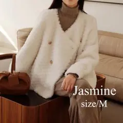 【Jasmine】ゆったりVネックノーカラーダブルボタンフェイクファージャケット