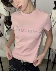 SHAGGIE ラインストーンロゴ 半袖Tシャツ ピンク