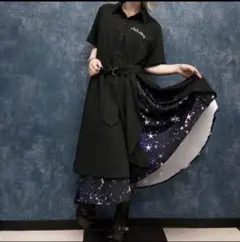 ニーアクロージング 二枚仕立て 星柄 半袖シャツワンピース スター