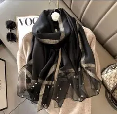 フォーマル 結婚式シルクシフォン ストールブラック パール付き 大判ショール上品