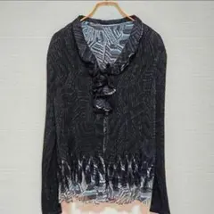 ​美品 変形プリーツブラウス M〜L モノトーン 幾何学柄 フリル アーカイブのサムネイル