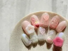 【現品】ネイルチップ ゆめかわ 韓国ネイル ガーリー 量産型 3Dピンク春ネイル