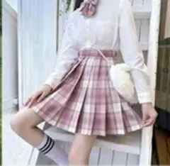 ピンク チェック プリーツスカート リボン