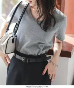 神戸レタス　深Uネック細リブ半袖Tシャツ　杢グレー
