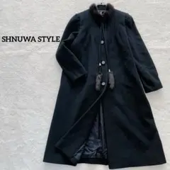 【カシミヤ】ロングコート　ファー襟　ウール　 日本製　エレガント　黒　Aライン