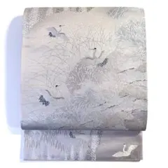 6k274 袋帯　絹　銀麗　鶴　銀色　白　紫　柄物　和装　着物