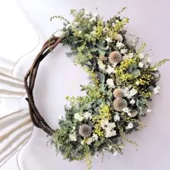 ミモザとルリタマアザミのハーフリース　ドライフラワー　スワッグ