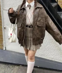 フェイクレザースタンドブルゾン nemne store ブラウン Mサイズ