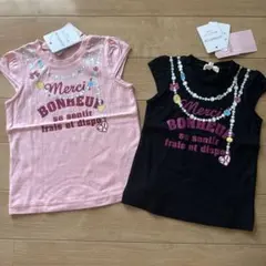 新品ハッシュアッシュだまし絵ネックレスフレンチスリーブTシャツ90 ラメプリ