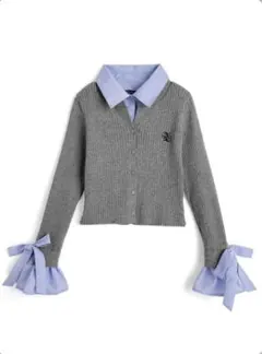 襟2Wayリボンスリーブシャツレイヤード風ニットカーディガン k9397i