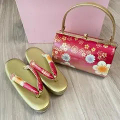 ◆美品◎花柄　和装用バッグと下駄のセット　成人式　花柄　浴衣 22.5cm