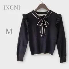 イング　リボンボウタイニット　フリル　ブラック　M フェミニン　秋冬