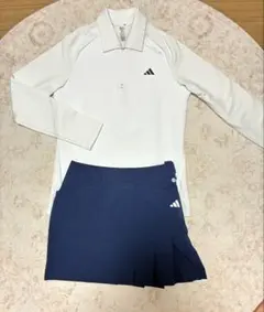 新品！アディダスゴルフ 春秋セットアップ 保温長袖ポロ×ネイビープリーツスカート