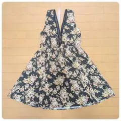 axes femmeレトロ花柄 深Vネック ワンピース M ブラック
