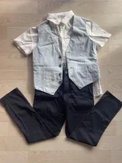 H&M フォーマルセット 青白ベスト140cm 黒パンツ 発表会3点セット