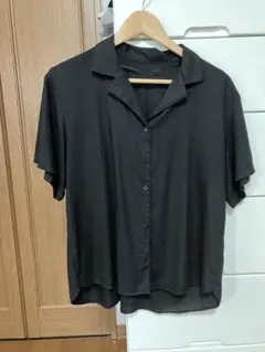 ジーユー　リネンブレンドオープンカラーシャツ(半袖)　レディース　ブラック　ＸＬ