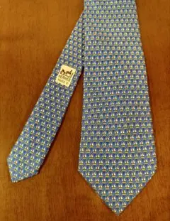 【HERMES】ヨット柄　ブルー　シルク　ネクタイ　エルメス　美品