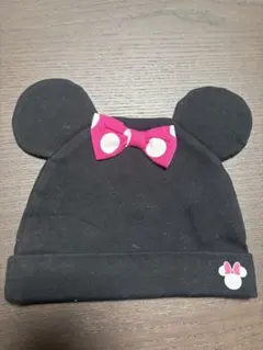 ミッキー風耳付き帽子 黒色 ピンクリボン