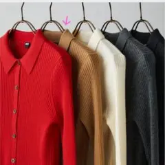 ユニクロ　エクストラファインメリノリブポロカーディガン　ベージュ