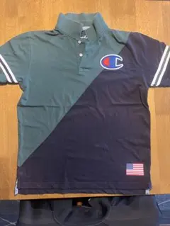 Champion ポロシャツ 緑/黒 斜め切り替え