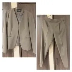 ベージュ ノーカラージャケットとパンツセット