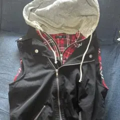 モッズコート 黒 赤チェック フード付 L