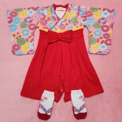 ロンパース 袴 70 ソックス セット 女の子 レトロ ピンク 赤