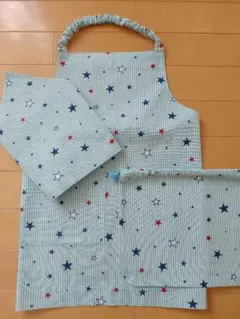 120前後エプロン3点セット 星柄水色ストライプ ポケット付