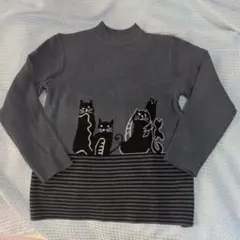 猫刺繍 グレー 長袖ニットセーター