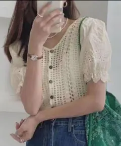 GRL レーススリーブVネック透かし編みニットカーディガン ac1944