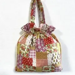 巾着トートバッグ　パッチワーク柄　手提げ　ハンドメイド
