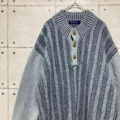 古着　ニットセーター　ハーフボタン　皮ボタン　前後ボーダーウール混　くすみ色　Ｌ