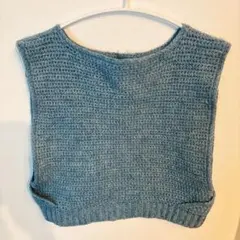 【新品未使用】手編み ニットベスト かぎ針編み ブルーグレー フリーサイズ