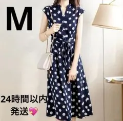 モデル着用画像あり 大人の上品見え 水玉 ワンピース ネイビー