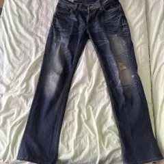 ダメージ加工 ダークブルー ストレートジーンズ