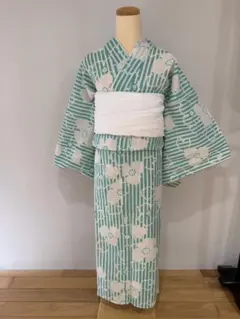 ◇最高級【綿絽浴衣】白地に青緑菊花の涼し浴衣◇着物としても着用可