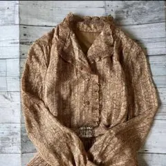 昭和レトロ 花柄プリーツワンピース ベルト付き 長袖 ヴィンテージ古着 P1