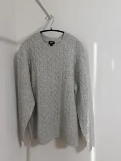 ユニクロスフレヤーンケーブルクルーニットセーター (L)ライトグレー