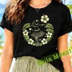 ボタニカルフラTシャツ・黒・M♡コットン 綿♡フラダンス♡ライムグリーン 緑 黒